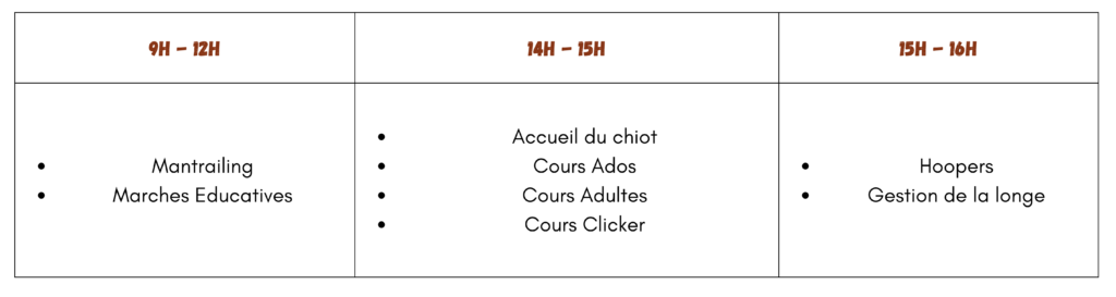 planning activités Club d'Education Canine des Lisières de l'Oise